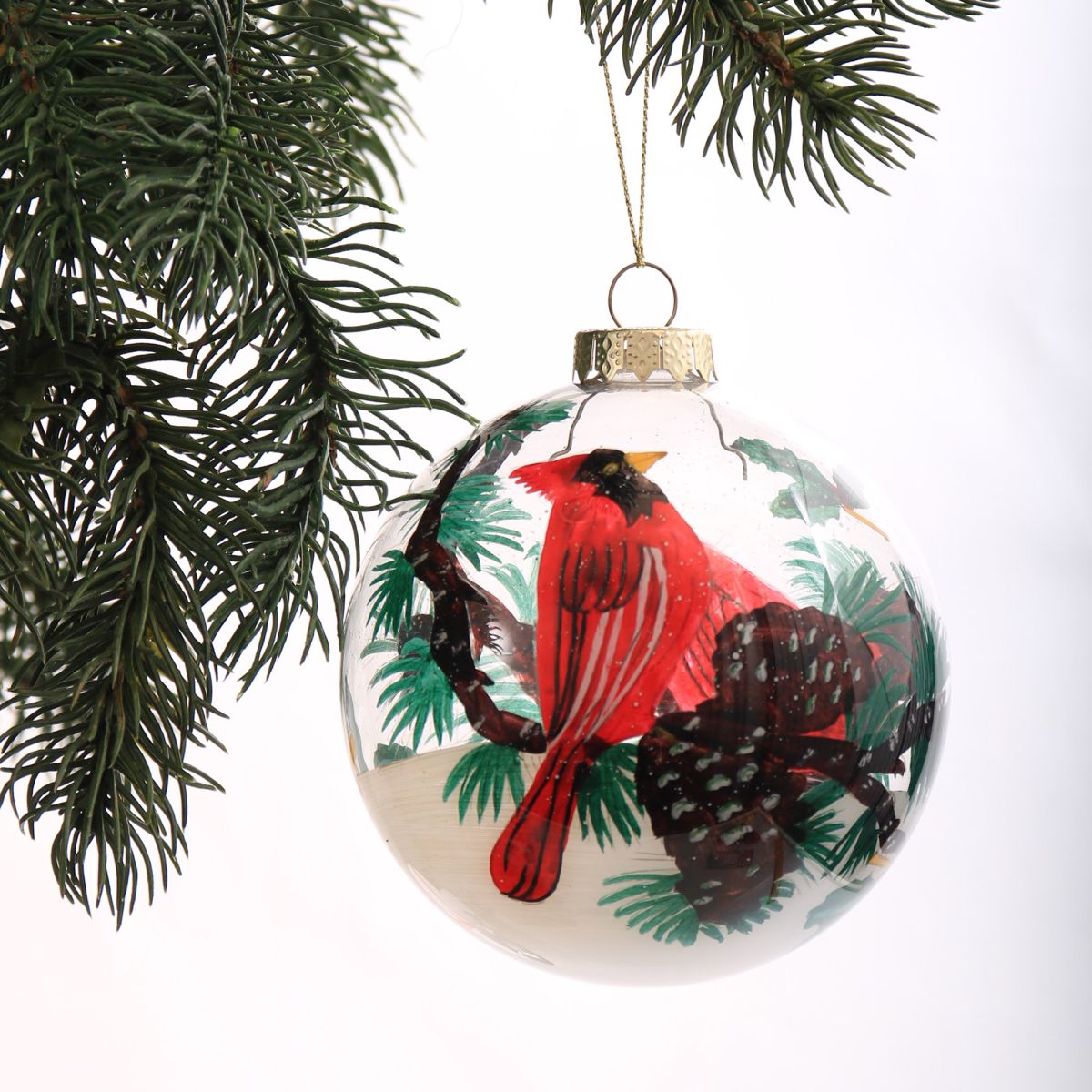 Inside Painted Glass Cardinal Bird Christmas Bauble