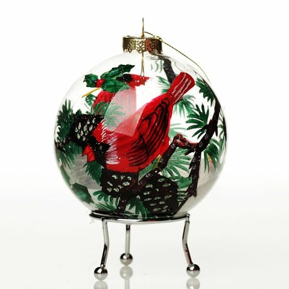 Inside Painted Glass Cardinal Bird Christmas Bauble