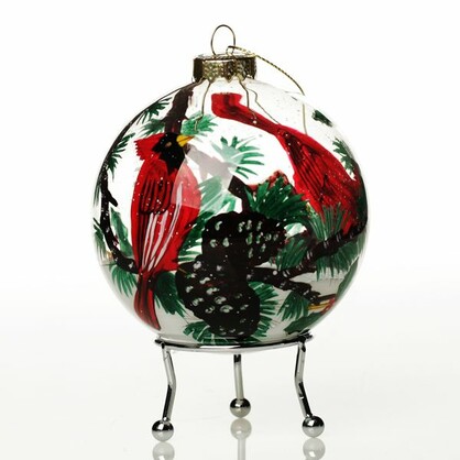 Inside Painted Glass Cardinal Bird Christmas Bauble