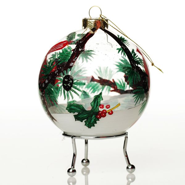 Inside Painted Glass Cardinal Bird Christmas Bauble