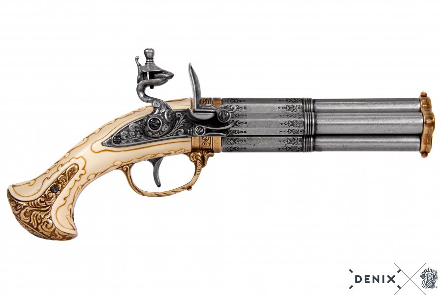 1310 Denix - Revolving 4 Barrel Flintlock Pistol, France 18th. C. 30.5cm