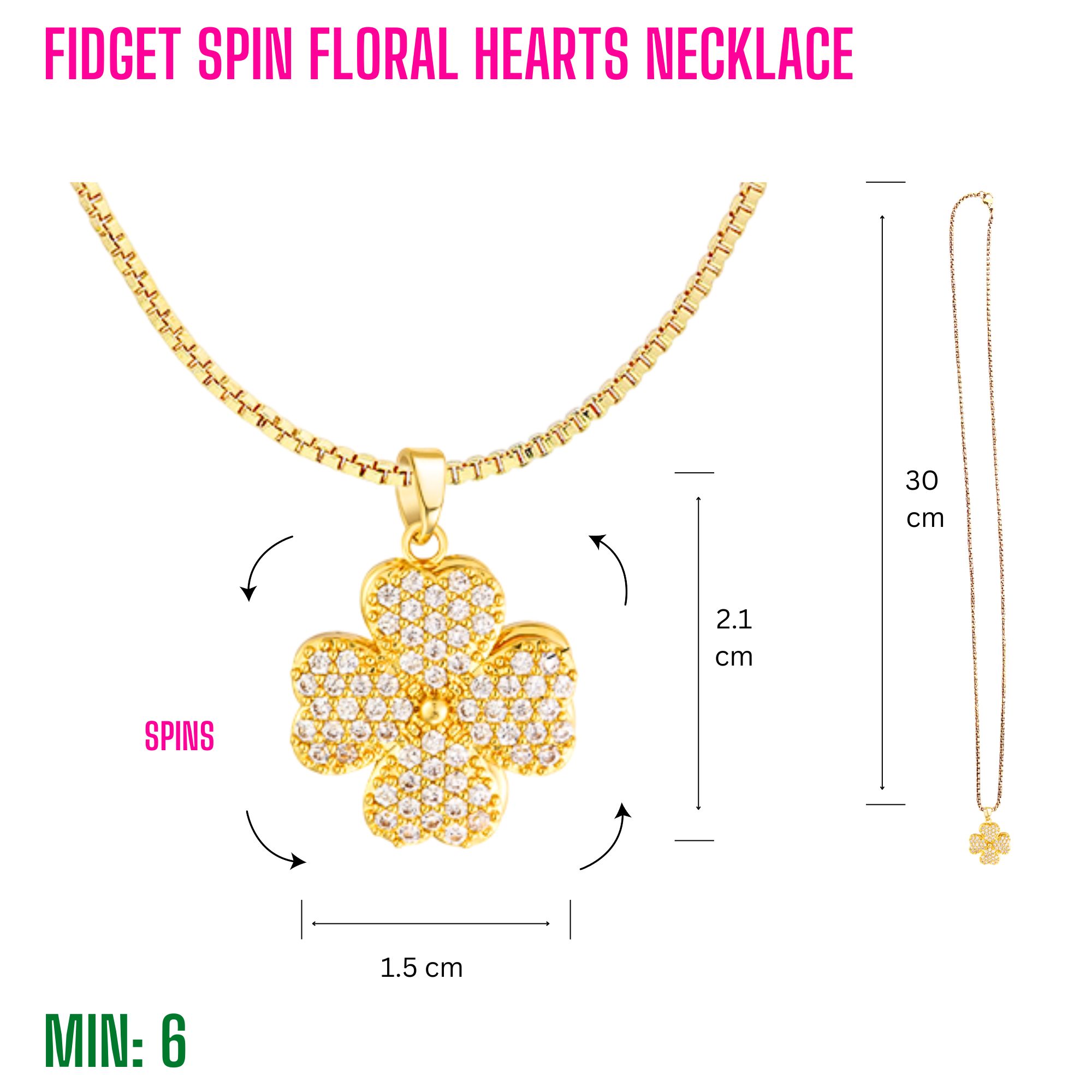MI-FIDGETNECKLACE12 - Fidget Spin Floral Hearts Necklace