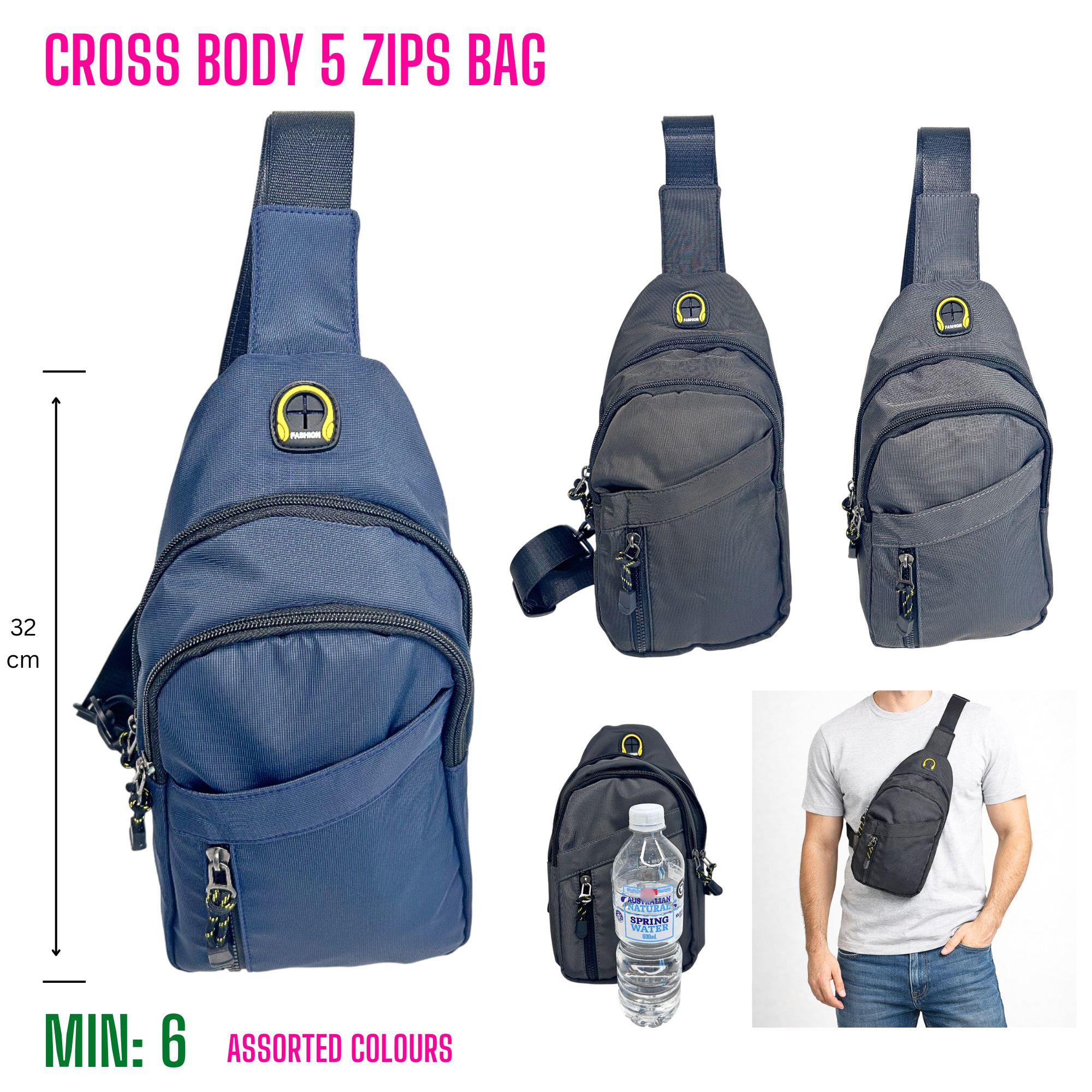MI-CROSSBAG2 - Cross Body 5 Zips Bag