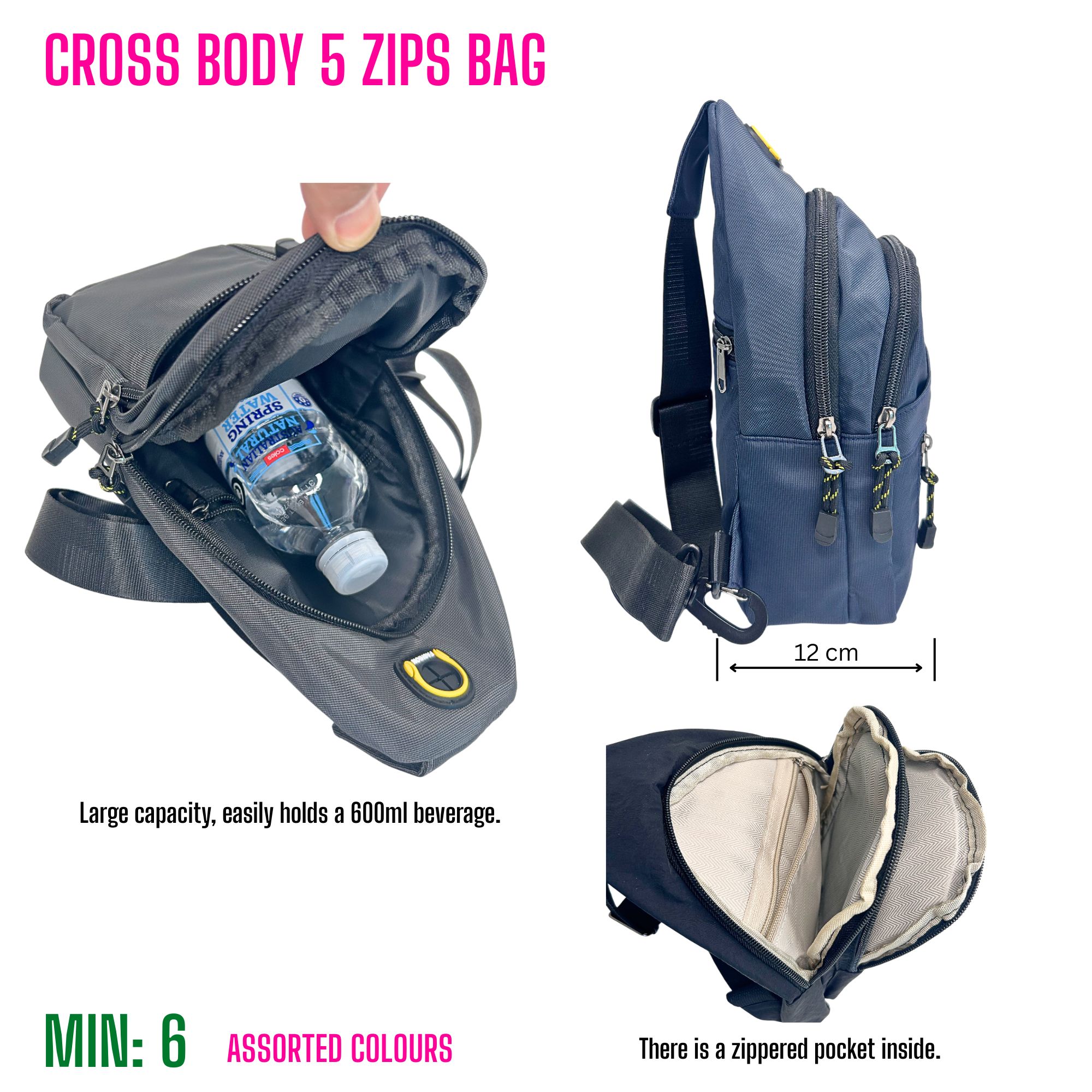 MI-CROSSBAG2 - Cross Body 5 Zips Bag