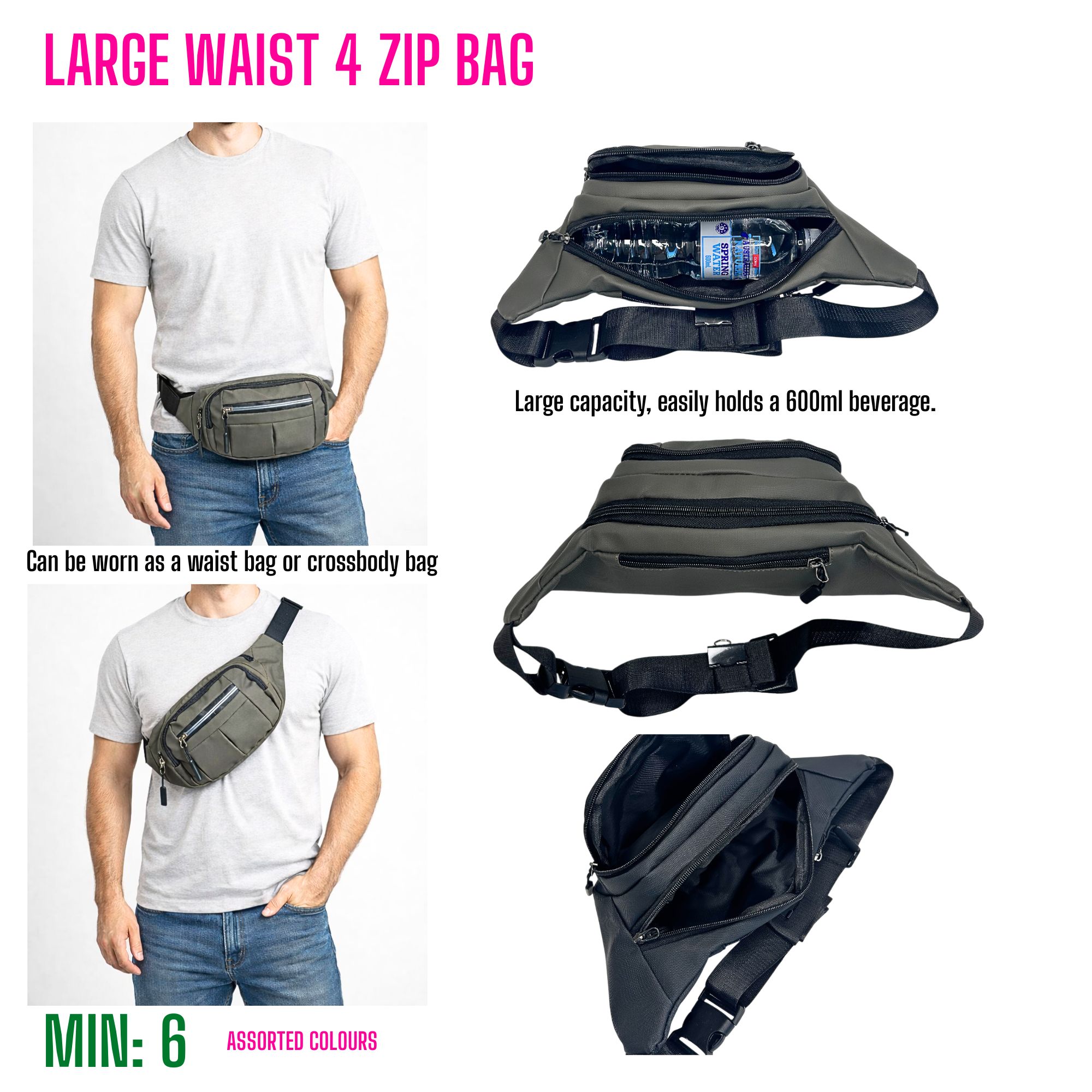 MI-WAISTBAG3 - Large Waist 4 Zip Bag