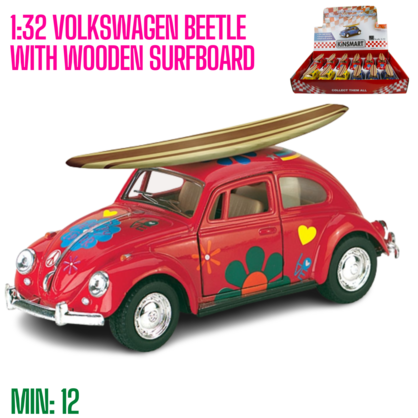 DIECAST 1:32 VOLKSWAGEN BEETLE WITH WOODEN SURFBOARD KINSMART