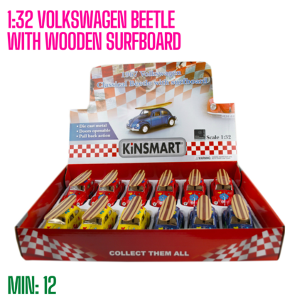 DIECAST 1:32 VOLKSWAGEN BEETLE WITH WOODEN SURFBOARD KINSMART