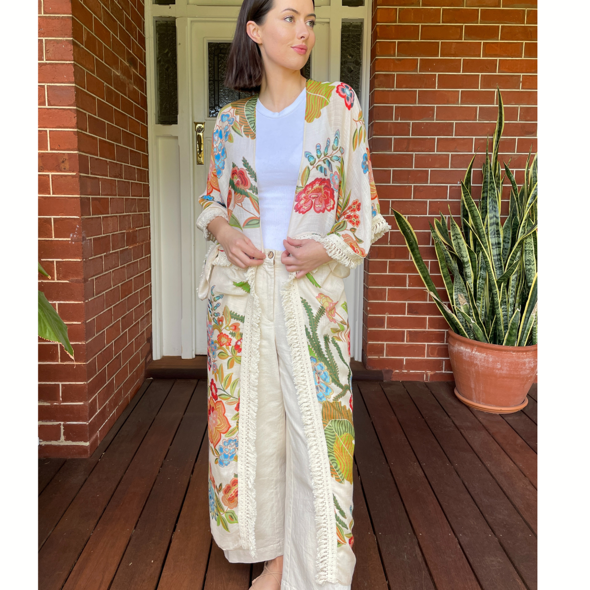 Bungalow Kimono – Khaki & Coral