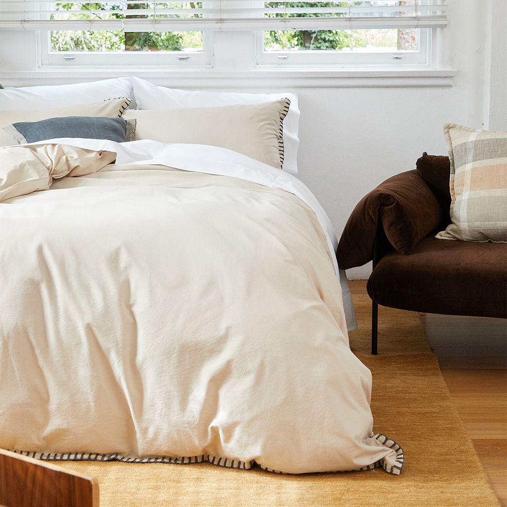 Blanket Stitch Oatmeal Quilt Cover Set