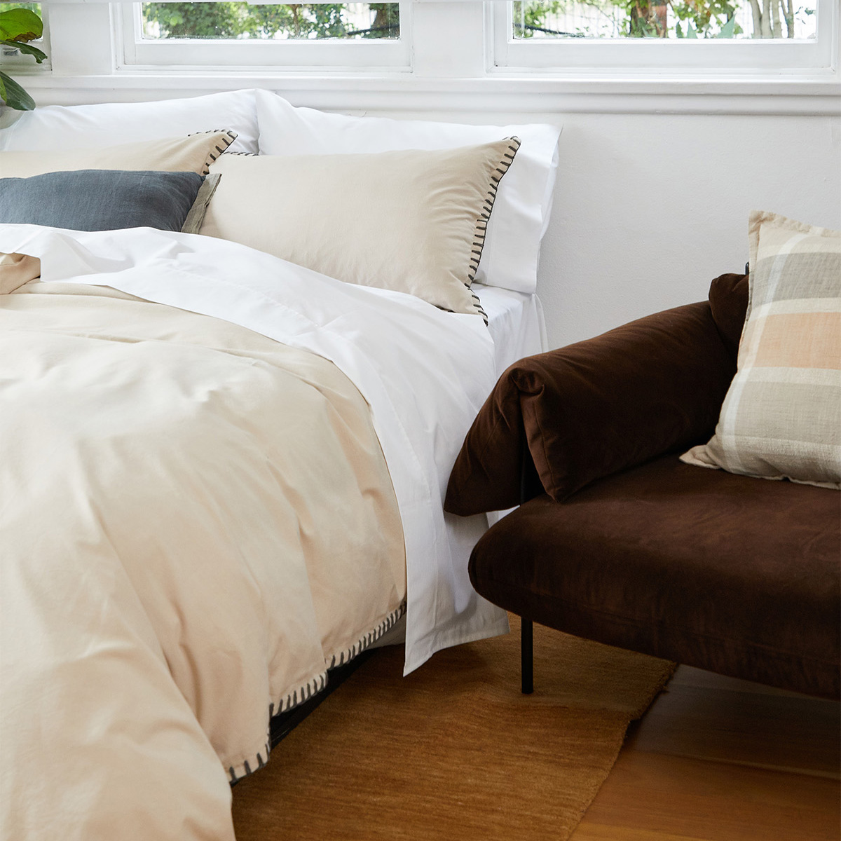 Blanket Stitch Oatmeal Quilt Cover Set