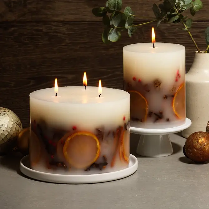 Luxury Handmade Winter Botanical Christmas Pillar Candle - Cinnamon, Orange & Spice - 1 wick or 3 wick