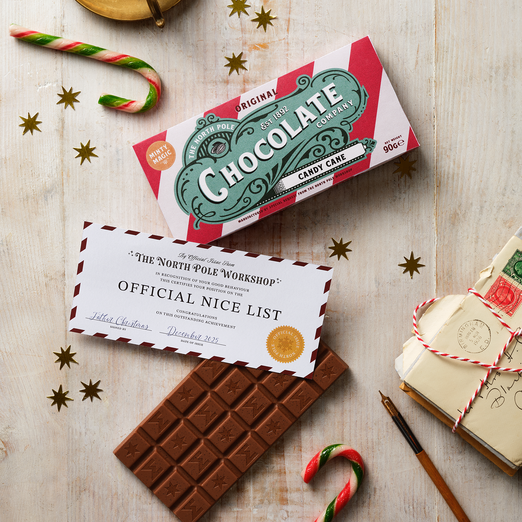 North Pole Chocolate - Candy Cane Milk Chocolate Bar + Nice List Certificate (90g)