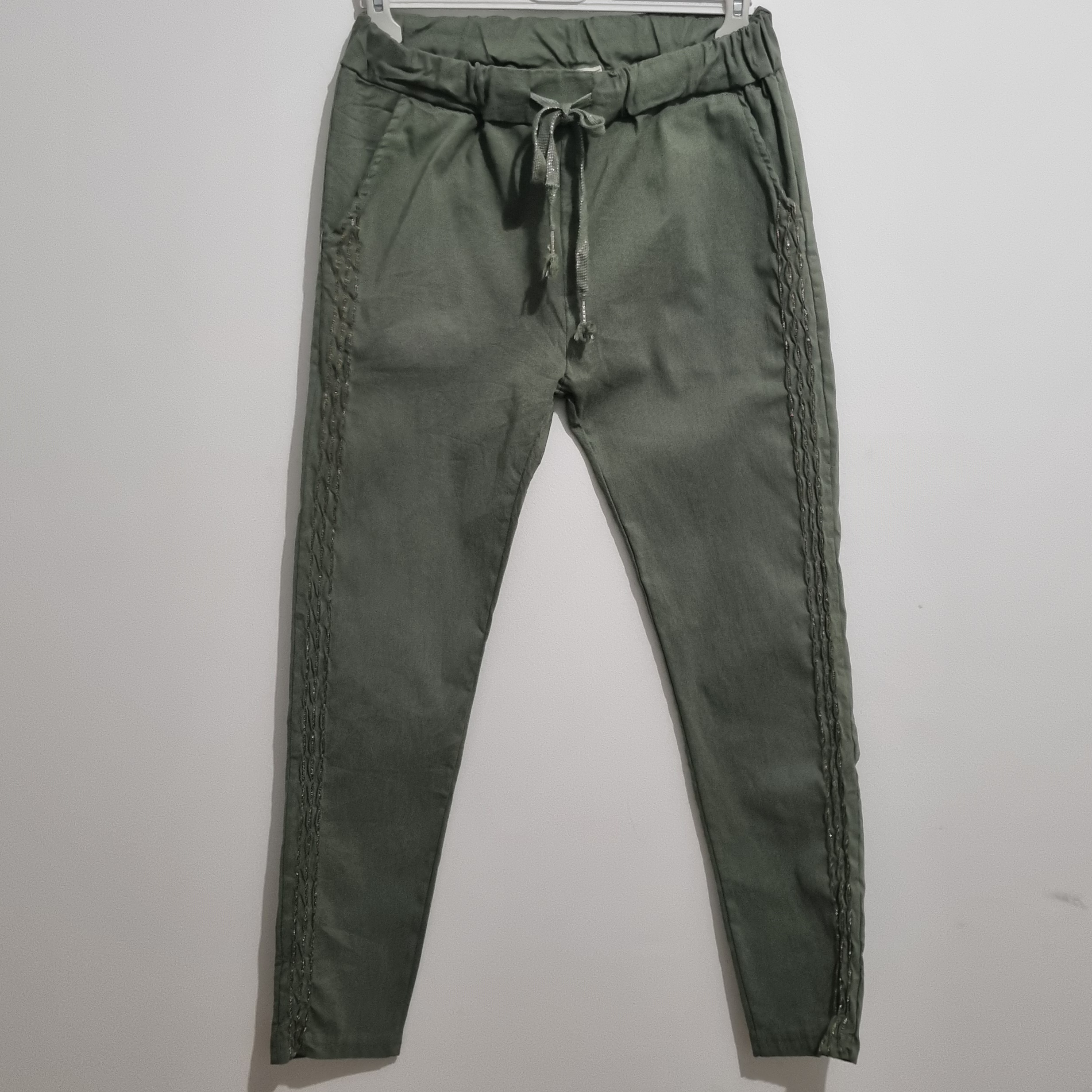 HA-CL-10532 EMMA - STRETCH COTTON PANTS WITH GOLD PATTERN ON LEG. MADE IN ITALIY. (FREE SIZE 8-14)
