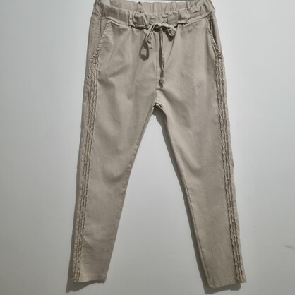 HA-CL-10532 EMMA - STRETCH COTTON PANTS WITH GOLD PATTERN ON LEG. MADE IN ITALIY. (FREE SIZE 8-14)
