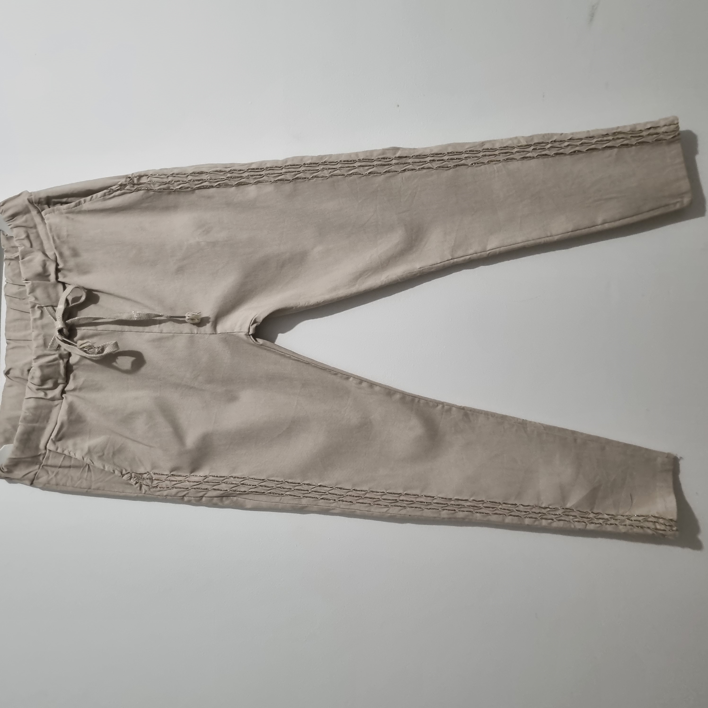 HA-CL-10532 EMMA - STRETCH COTTON PANTS WITH GOLD PATTERN ON LEG. MADE IN ITALIY. (FREE SIZE 8-14)
