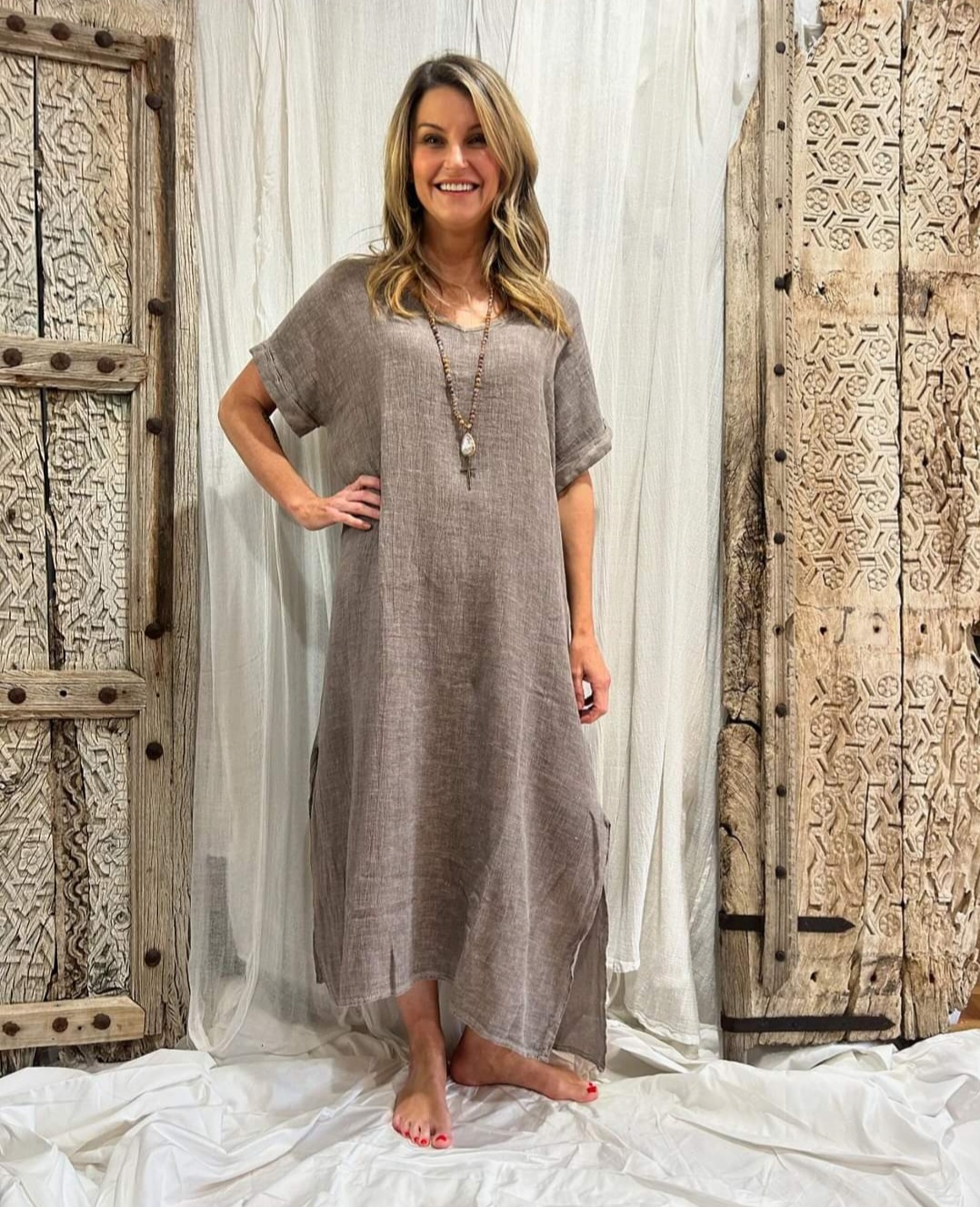 HA-CL-10569 CHARLIE - SLUMP LINEN/COTTON LONG DRESS. FREE SIZE 8-16. MADE IN ITALY