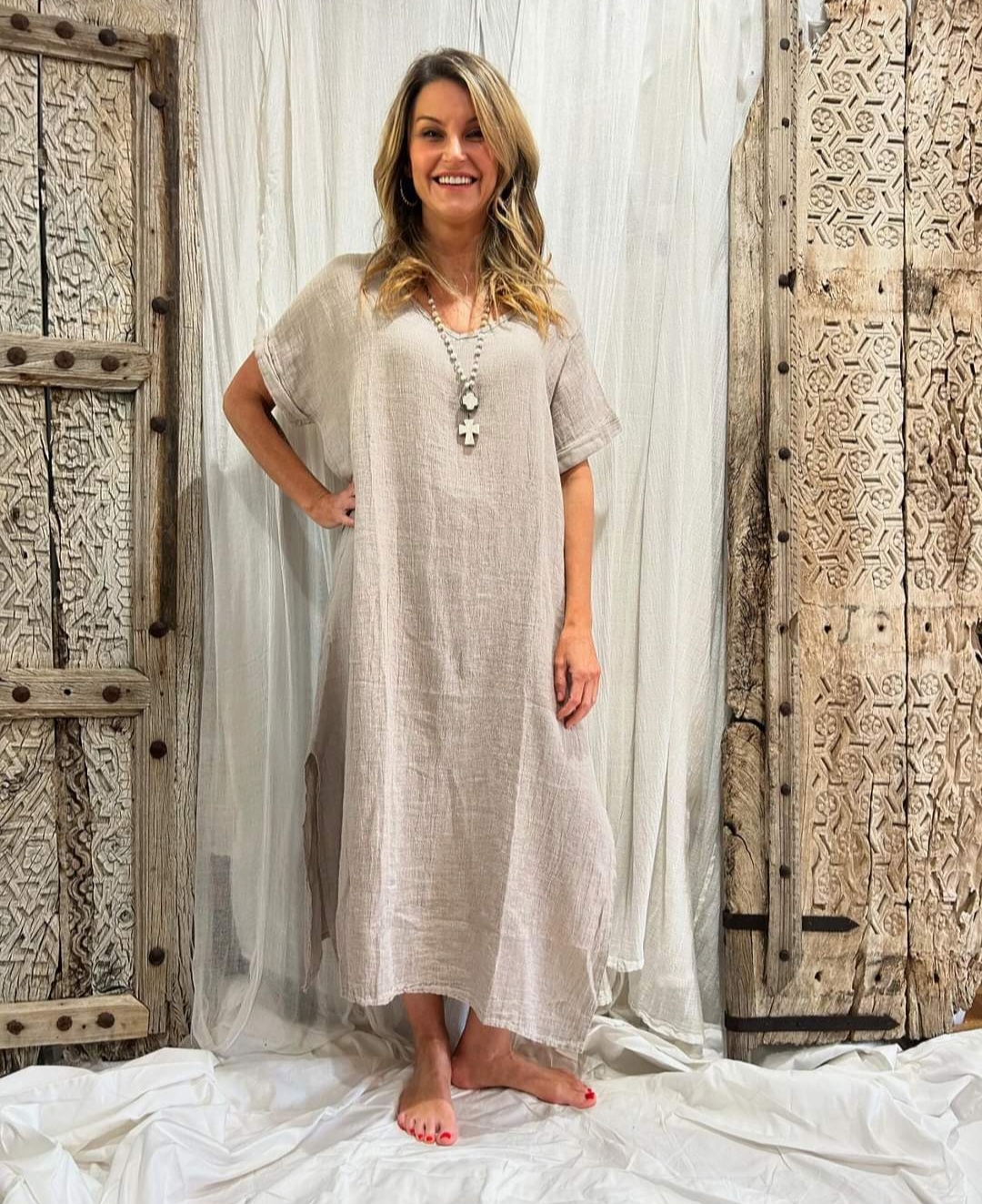HA-CL-10569 CHARLIE - SLUMP LINEN/COTTON LONG DRESS. FREE SIZE 8-16. MADE IN ITALY