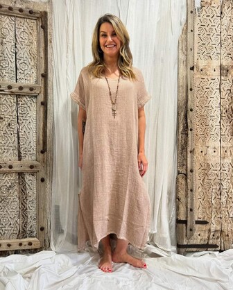 HA-CL-10569 CHARLIE - SLUMP LINEN/COTTON LONG DRESS. FREE SIZE 8-16. MADE IN ITALY