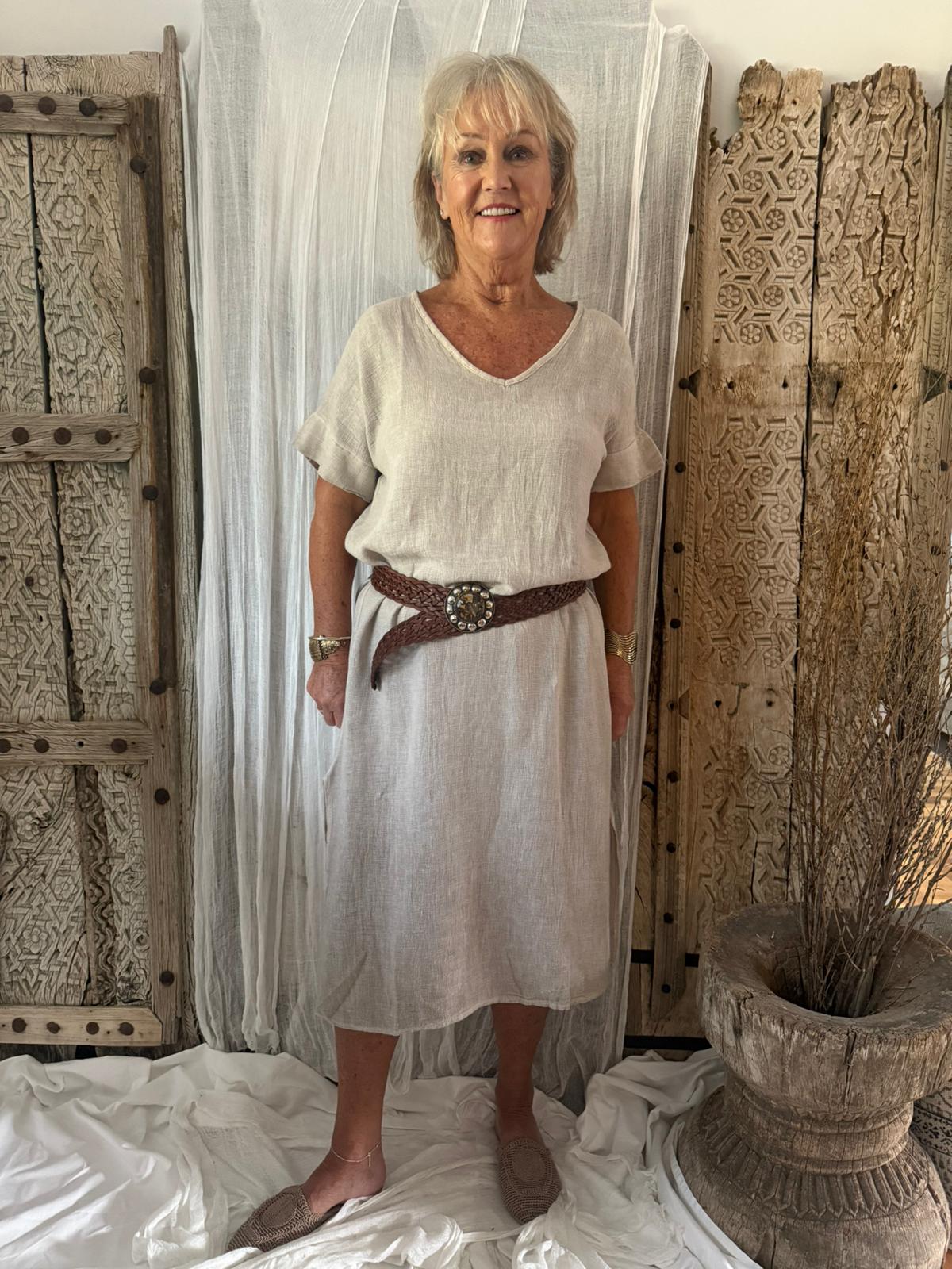 HA-CL-10569 CHARLIE - SLUMP LINEN/COTTON LONG DRESS. FREE SIZE 8-16. MADE IN ITALY