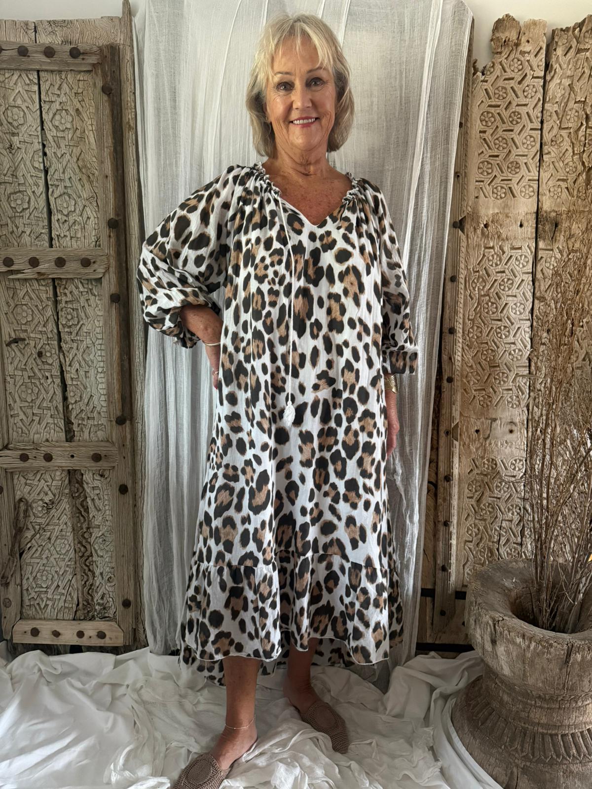HA-CL-10573 LEOPARD LONG FLOWY COTTON DRESS. 100% COTTON. MADE IN ITALY FREE SIZE 8-16.