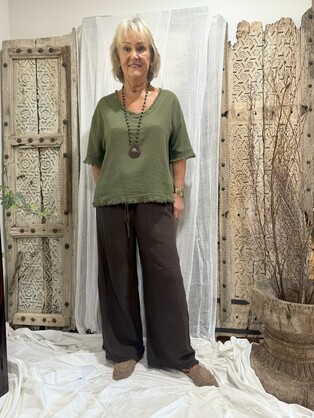 HA-CL-79330 BILLIE PANTS - LIGHT COTTON PANTS WITH FRINGING DETAIL. MADE IN ITALY. FREE SIZE 8-14. 100% COTTON.