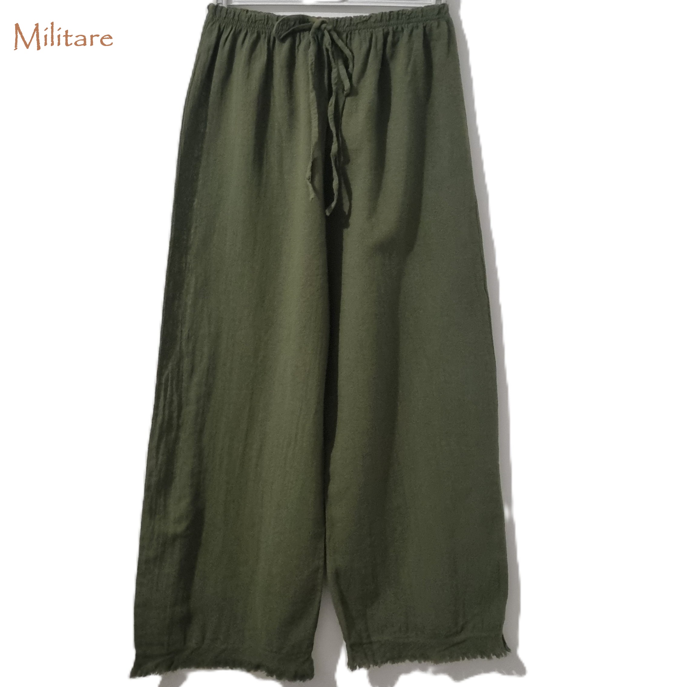 HA-CL-79330 BILLIE PANTS - LIGHT COTTON PANTS WITH FRINGING DETAIL. MADE IN ITALY. FREE SIZE 8-14. 100% COTTON.