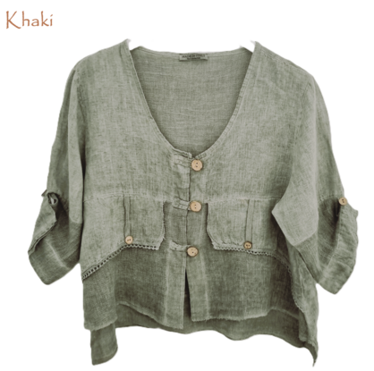 HA-CL-11000 JORDYN - LINEN AND COTTON GAUZE TOP WITH WOODEN BUTTONS. FIITS SIZE 8-14. MADE IN ITALY.