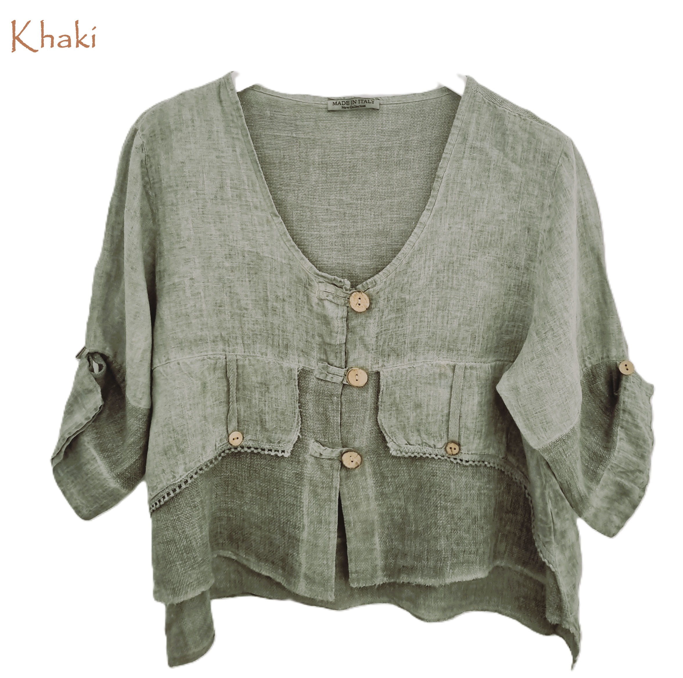 HA-CL-11000 JORDYN - LINEN AND COTTON GAUZE TOP WITH WOODEN BUTTONS. FIITS SIZE 8-14. MADE IN ITALY.