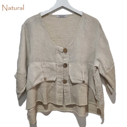 HA-CL-11000 JORDYN - LINEN AND COTTON GAUZE TOP WITH WOODEN BUTTONS. FIITS SIZE 8-14. MADE IN ITALY.
