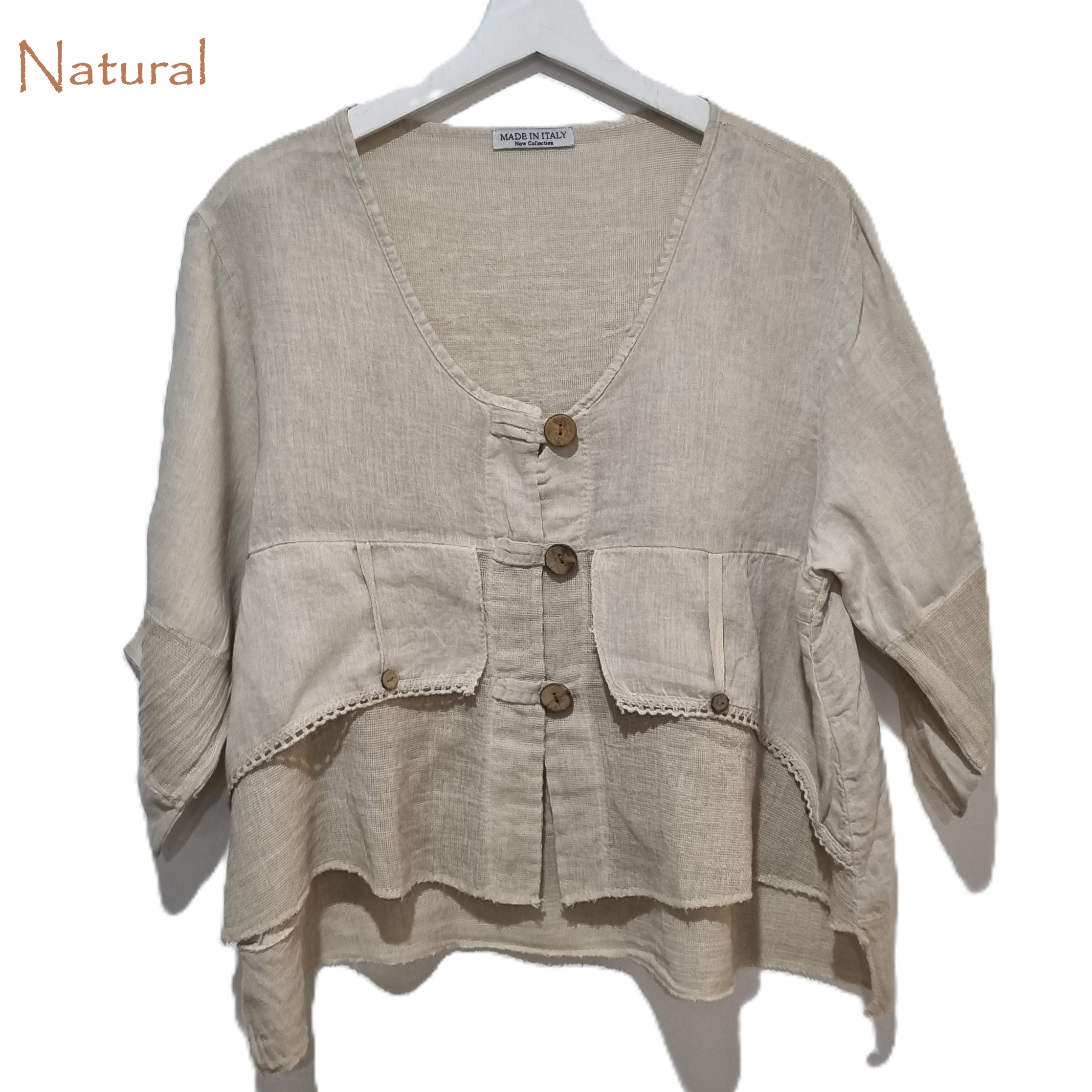 HA-CL-11000 JORDYN - LINEN AND COTTON GAUZE TOP WITH WOODEN BUTTONS. FIITS SIZE 8-14. MADE IN ITALY.