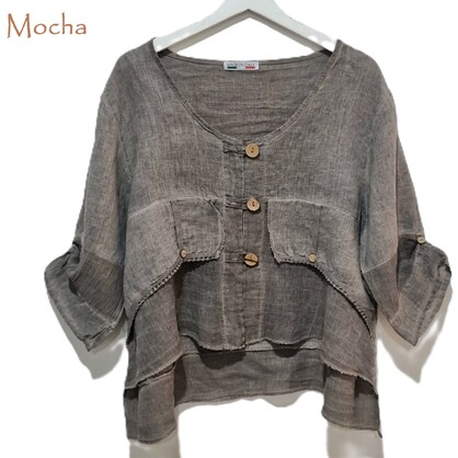 HA-CL-11000 JORDYN - LINEN AND COTTON GAUZE TOP WITH WOODEN BUTTONS. FIITS SIZE 8-14. MADE IN ITALY.