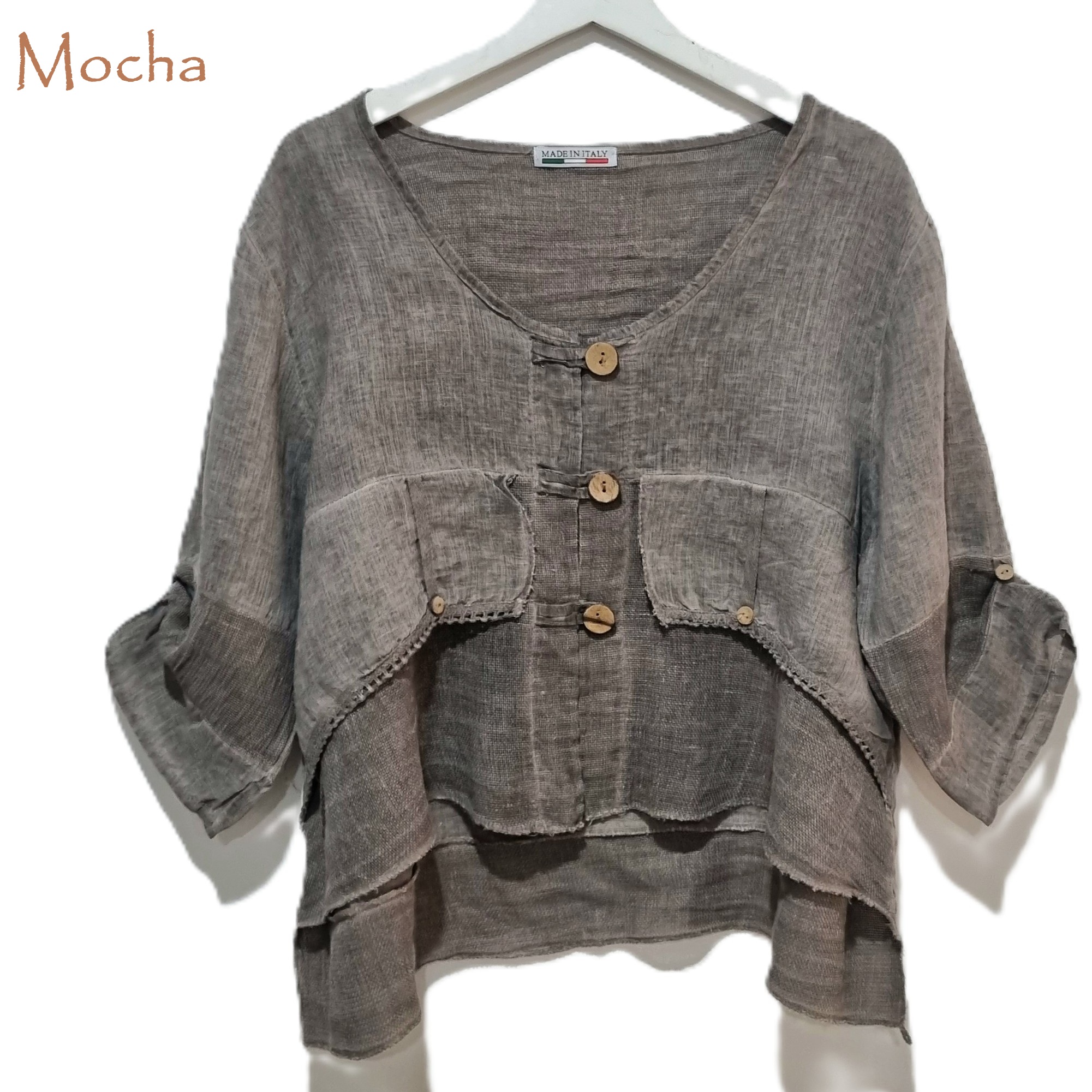 HA-CL-11000 JORDYN - LINEN AND COTTON GAUZE TOP WITH WOODEN BUTTONS. FIITS SIZE 8-14. MADE IN ITALY.