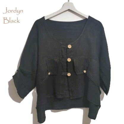 HA-CL-11000 JORDYN - LINEN AND COTTON GAUZE TOP WITH WOODEN BUTTONS. FIITS SIZE 8-14. MADE IN ITALY.
