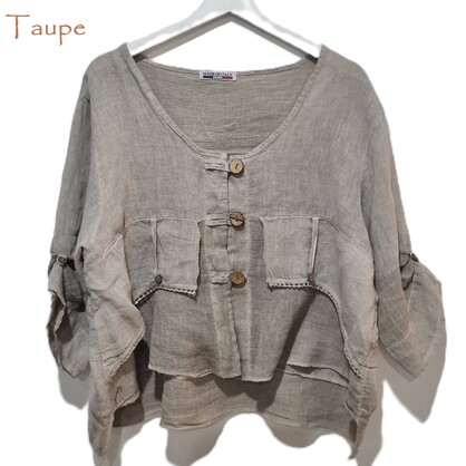 HA-CL-11000 JORDYN - LINEN AND COTTON GAUZE TOP WITH WOODEN BUTTONS. FIITS SIZE 8-14. MADE IN ITALY.