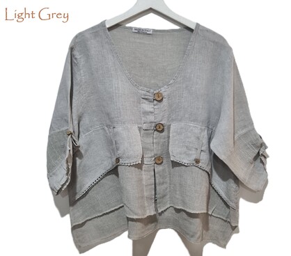 HA-CL-11000 JORDYN - LINEN AND COTTON GAUZE TOP WITH WOODEN BUTTONS. FIITS SIZE 8-14. MADE IN ITALY.