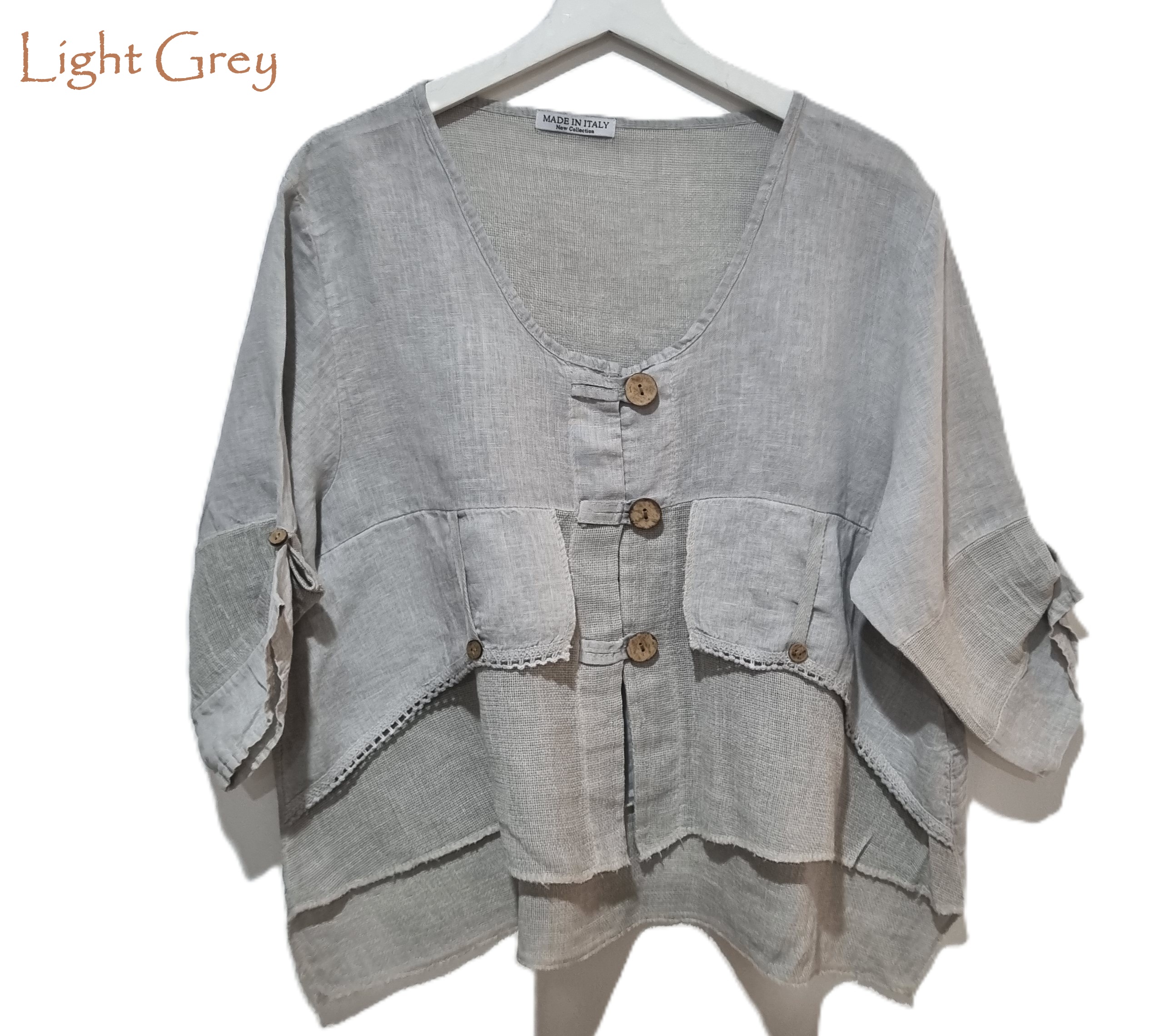 HA-CL-11000 JORDYN - LINEN AND COTTON GAUZE TOP WITH WOODEN BUTTONS. FIITS SIZE 8-14. MADE IN ITALY.