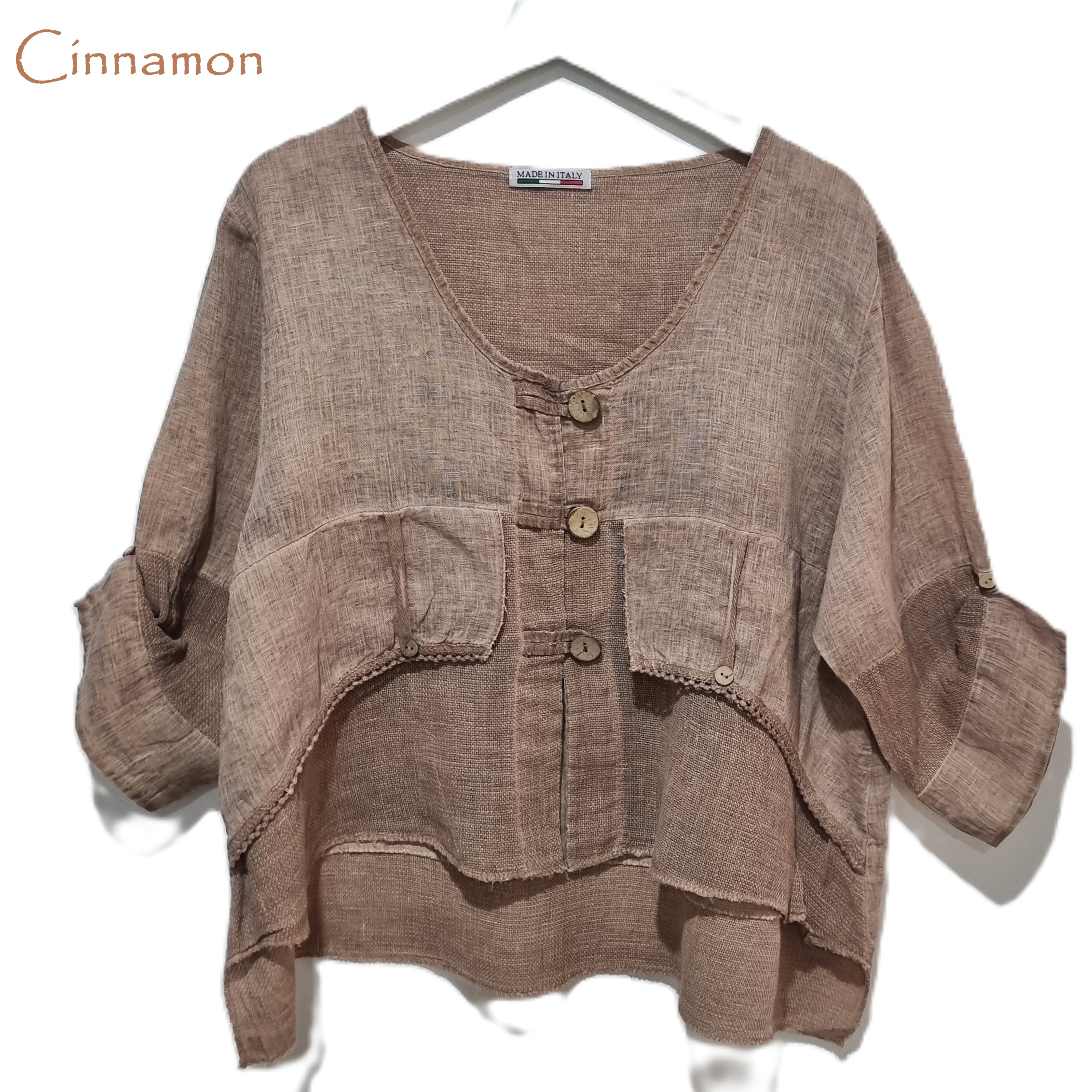 HA-CL-11000 JORDYN - LINEN AND COTTON GAUZE TOP WITH WOODEN BUTTONS. FIITS SIZE 8-14. MADE IN ITALY.