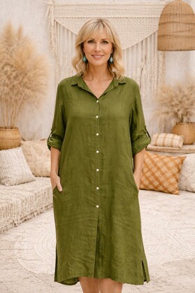 HA-CL-15044 ADELINE - LINEN 3/4 LENGTH SHIRT DRESS/JACKET WITH POCKETS. LONGER LENGTH AT THE BACK. FREE SIZE 8-16. MADE IN ITALY. 100% LINEN