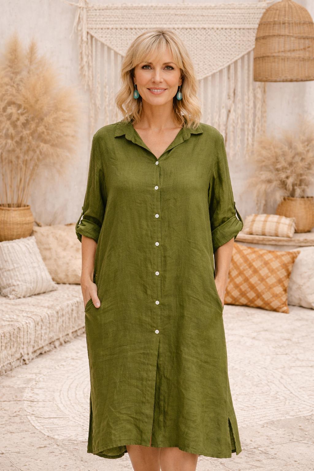 HA-CL-15044 ADELINE - LINEN 3/4 LENGTH SHIRT DRESS/JACKET WITH POCKETS. LONGER LENGTH AT THE BACK. FREE SIZE 8-16. MADE IN ITALY. 100% LINEN