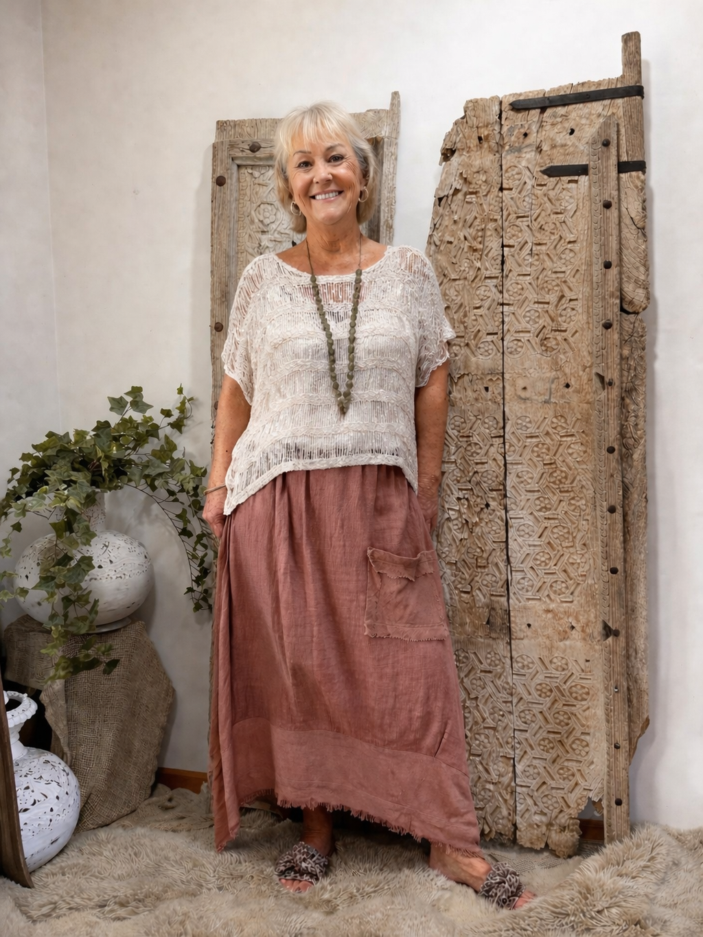 HA-CL-15045 MORGAN - LINEN SKIRT WITH FEATURE POCKET AND HEM. FREE SIZE 8-16.