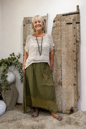 HA-CL-15045 MORGAN - LINEN SKIRT WITH FEATURE POCKET AND HEM. FREE SIZE 8-16.