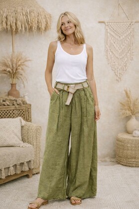 HA-CL-10595 TYLER - LINEN PALAZZO PANTS WITH BELT. FREE SIZE 8-14.