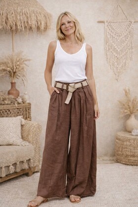HA-CL-10595 TYLER - LINEN PALAZZO PANTS WITH BELT. FREE SIZE 8-14.