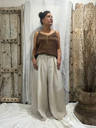 HA-CL-10595 TYLER - LINEN PALAZZO PANTS WITH BELT. FREE SIZE 8-14.