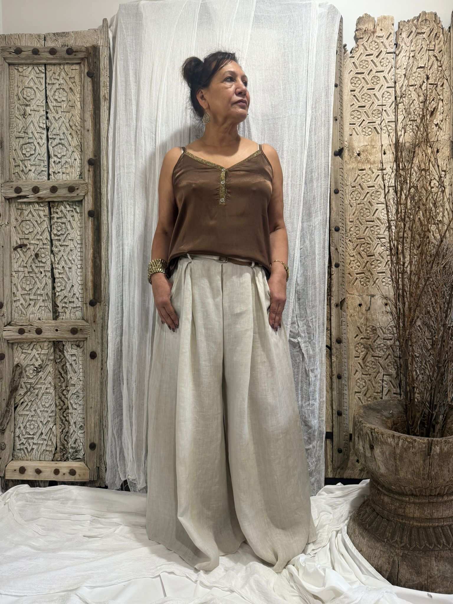 HA-CL-10595 TYLER - LINEN PALAZZO PANTS WITH BELT. FREE SIZE 8-14.