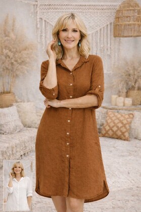HA-CL-15046 ADELINE - LINEN 1/2 LENGTH SHIRT DRESS/JACKET WITH POCKETS. LONGER LENGTH AT THE BACK. FREE SIZE 8-16. MADE IN ITALY. 100% LINEN