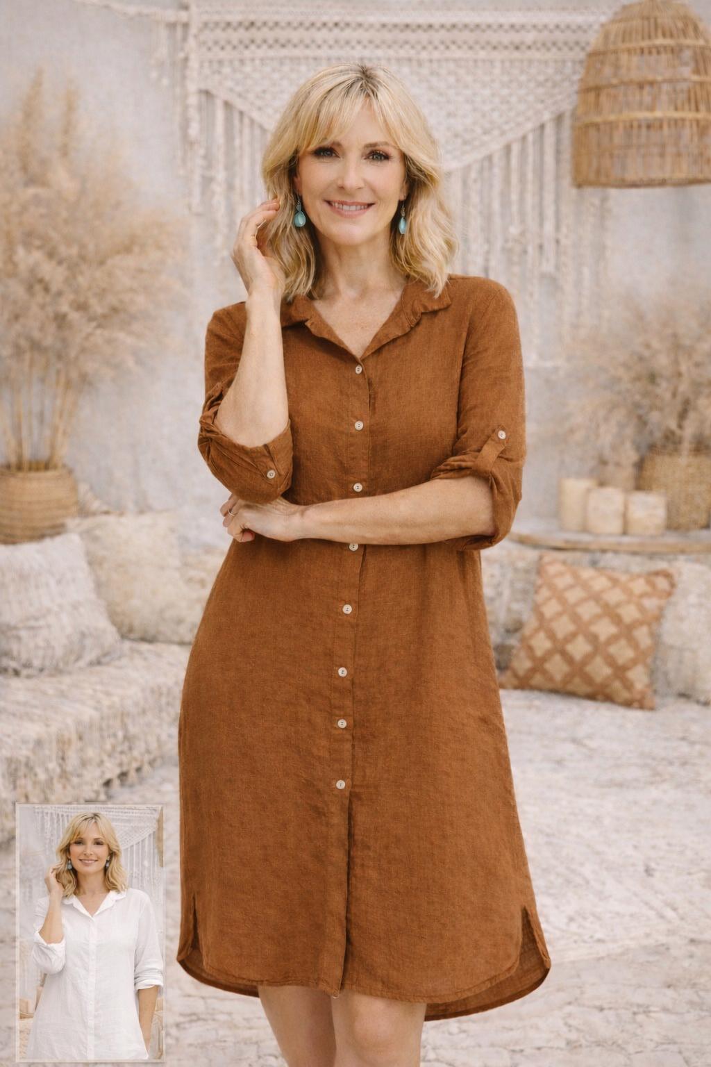 HA-CL-15046 ADELINE - LINEN 1/2 LENGTH SHIRT DRESS/JACKET WITH POCKETS. LONGER LENGTH AT THE BACK. FREE SIZE 8-16. MADE IN ITALY. 100% LINEN