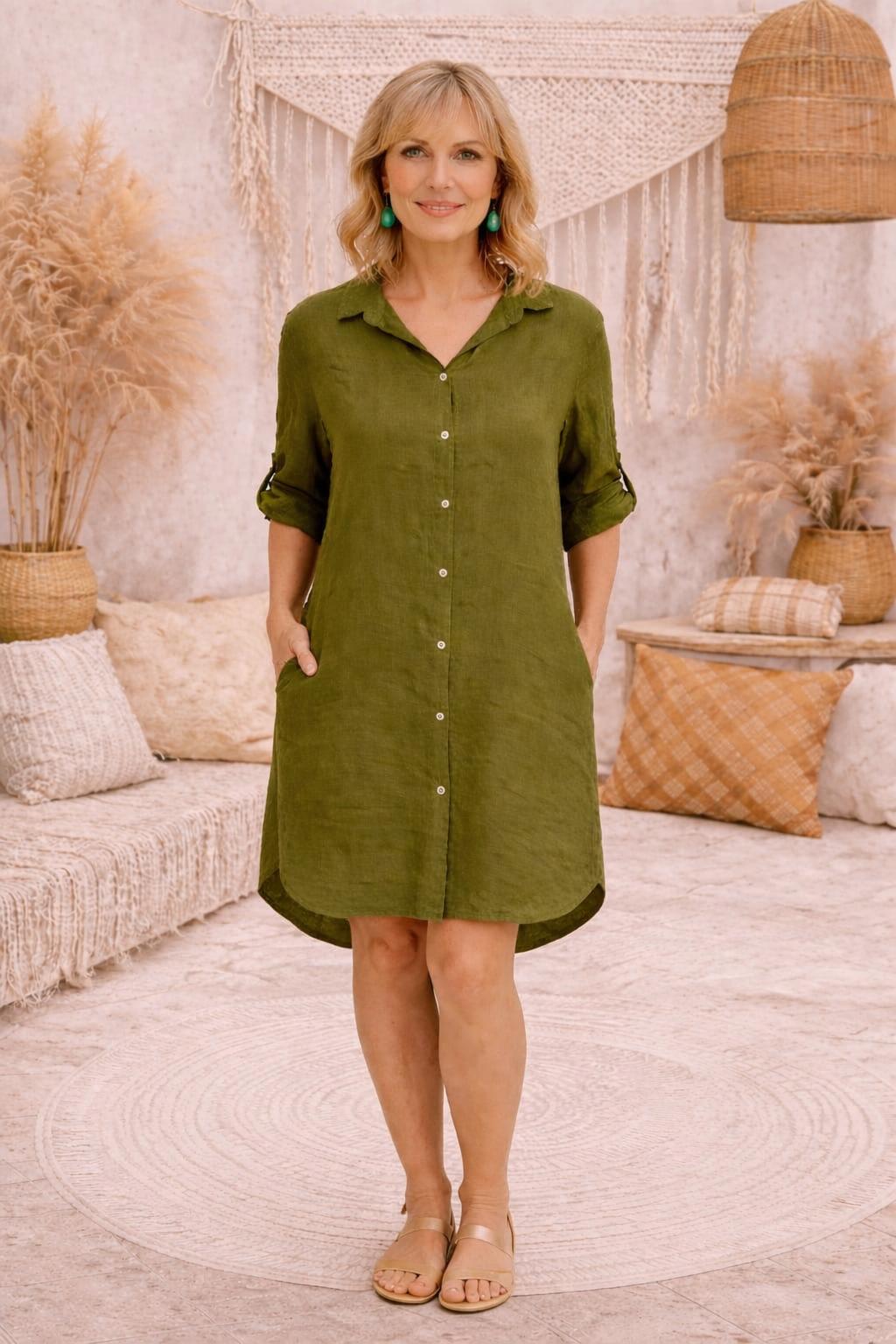 HA-CL-15046 ADELINE - LINEN 1/2 LENGTH SHIRT DRESS/JACKET WITH POCKETS. LONGER LENGTH AT THE BACK. FREE SIZE 8-16. MADE IN ITALY. 100% LINEN