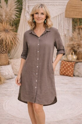 HA-CL-15046 ADELINE - LINEN 1/2 LENGTH SHIRT DRESS/JACKET WITH POCKETS. LONGER LENGTH AT THE BACK. FREE SIZE 8-16. MADE IN ITALY. 100% LINEN