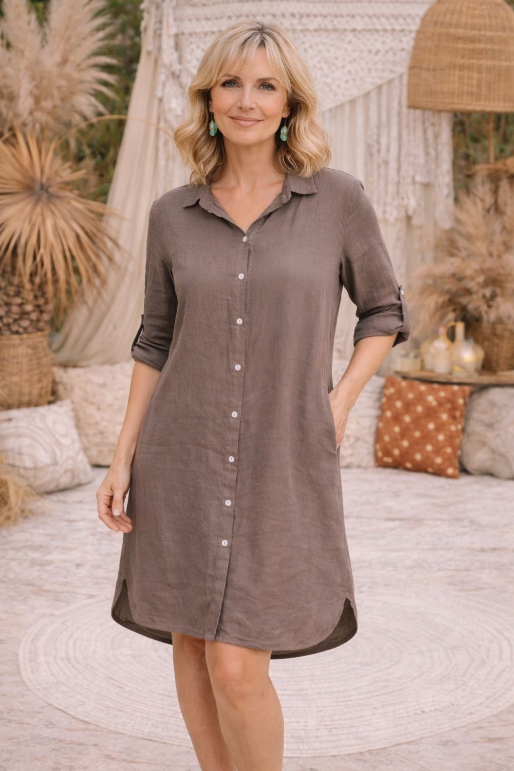 HA-CL-15046 ADELINE - LINEN 1/2 LENGTH SHIRT DRESS/JACKET WITH POCKETS. LONGER LENGTH AT THE BACK. FREE SIZE 8-16. MADE IN ITALY. 100% LINEN